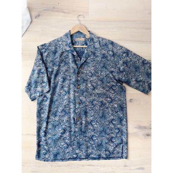 Vintage Mens Hawaiian Shirt by Bobby Chan Blue Size Large Hibiscus print Vaca - Picture 1 of 9
